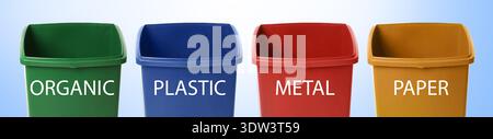 Garbage cans in different colors for waste separation on light blue gradient background. Each for different types of trash Stock Photo