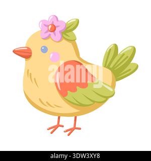 Spring bird with flower and green leaves. Cartoon vector isolated illustration on white background Stock Vector