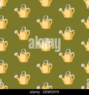 Seamless spring pattern with yellow watering can on olive background. Vector cozy seasonal print Stock Vector