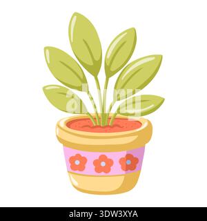 Spring potted plant with green leaves in decorative flower pot. Cartoon vector isolated illustration on white background  Stock Vector