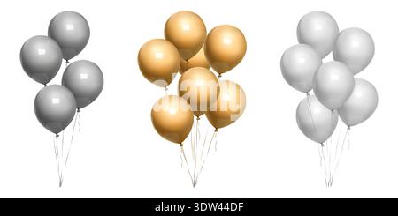 Bunch of happy birthday balloons 3d, minimal bday present. Gold, silver corol party decoration, vector isolated on white bg. Inflated air balls float Stock Vector
