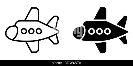 Set of modern airplane icons in black and white, perfect for graphic design projects, representing travel and aviation in a minimalist style. Stock Vector