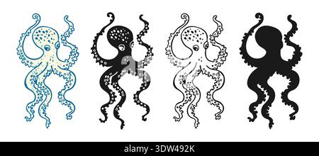 Octopus vector illustration in multiple styles grunge textured look, bold silhouette and doodle line drawing. Vintage hand drawn sea creature octopus kraken. Nautical or marine monster ocean animal Stock Vector
