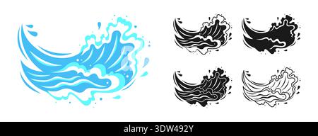 Sea Tsunami wave for logo. Water splashes, flowing abstract ocean linear and silhouette set. Wave icons graphic dynamic liquid motion, modern marine elements and fluid aquatic forms illustration Stock Vector