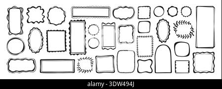 Doodle wave frame set, hand drawn vector illustration scribble pencil style. Whimsical abstract linear borders square oval arch shapes wave round elements. Minimal decorative text boxes various forms Stock Vector
