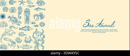 Underwater world, ocean sea fish template Hand drawn design for wallpaper, wall decor, print, postcard, template. Hand drawn marine life featuring octopus. Modern sketch line art style, coastal mood Stock Vector
