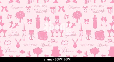 Whimsical wedding seamless pattern in hand drawn silhouette style. Coquette vintage mood with romantic elements, cakes, champagne, candles, bows and love symbols shape. Elegant casual ornament Stock Vector