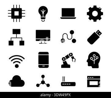 A collection of bold digital technology icons representing various gadgets, devices, and components. Perfect for illustrating concepts in tech-driven Stock Vector