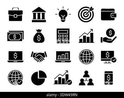A versatile collection of black icons representing business and finance concepts, including money, growth charts, teamwork, and strategy for various a Stock Vector