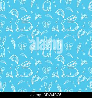 Easter seamless pattern with bunny, eggs and flowers vector graphic illustration. Whimsical hand drawn rabbit animals doodle background for Happy Stock Vector