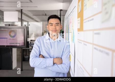 Portrait successful young male business analyst standing near scrum board Stock Photo