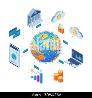 Isometric Global Digital Finance Network with Online Banking and Data Security. Global Finance and Technology Concept Stock Vector