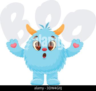Blue Fluffy Monster With fear Expression Waving Paws In Friendly Mascot Pose Stock Vector