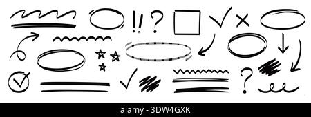 Arrow, highlight, oval marker pen set. Arrow line marker hand drawn pencil stroke sketch circle underline. Doodle check cross curve oval round icon sign texture rough. Vector illustration Stock Vector
