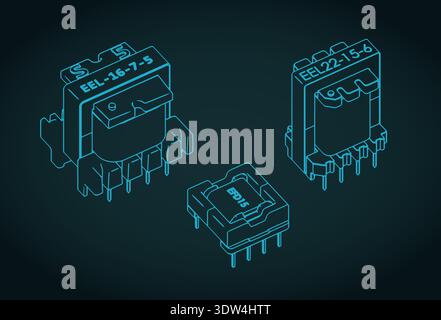High-frequency pulse transformers isometric  blueprints stylized vector illustration Stock Vector
