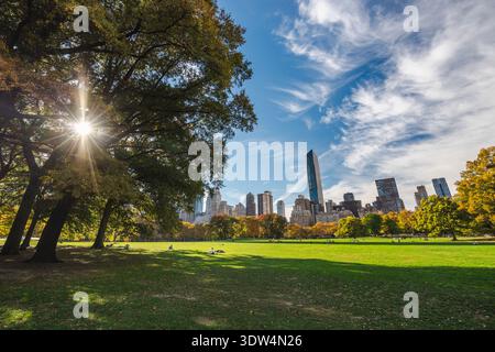 Central Park meadow with sunburst through trees and Manhattan skyline on sunny autumn day in New York City USA Stock Photo