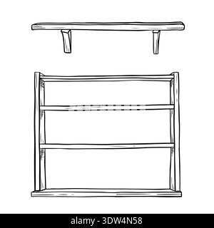 Illustration of a minimalist wall-mounted wooden shelf and a three-tiered bookshelf, both in black and white line art style against a white background Stock Vector