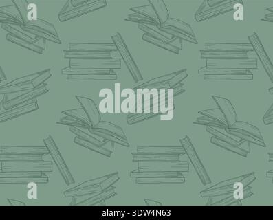 Seamless pattern of hand-drawn book stacks and open books in teal background, perfect for educational or literary themed designs and wallpapers Stock Vector