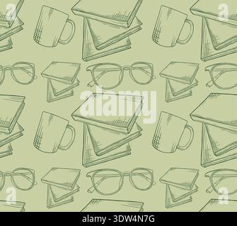 Seamless pattern with hand-drawn books, coffee mugs, and glasses on a light green background, ideal for a literary or cozy reading-themed design proje Stock Vector