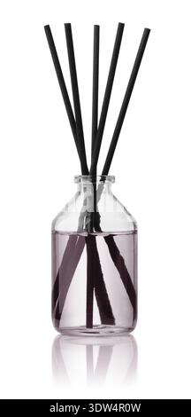 Front view of aromatic clear glass reed diffuser bottle isolated on white Stock Photo