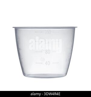 Front view of empty plastic measuring cup isolated on white Stock Photo