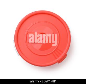 Top view of round plastic reusable storage food container with red lid isolated on white Stock Photo
