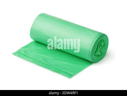 Roll of green biodegradable plastic garbage bags isolated on white Stock Photo