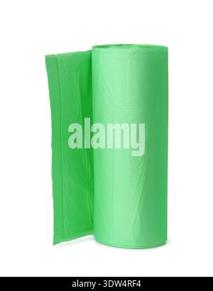 Roll of green biodegradable plastic garbage bags isolated on white Stock Photo