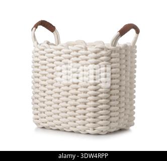 Large empty laundry cotton rope basket isolated on white Stock Photo