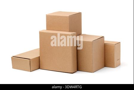 Group of different blank brown cardboard boxes isolated on white Stock Photo