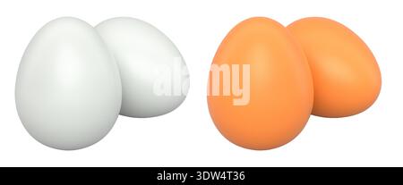 Brown and white eggs placed side by side isolated on white transparent background. Concept of egg variety and nutrition Stock Photo