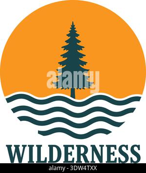 Verdant evergreen tree rises from deep blue waves against a bright orange sunset invoking adventure tshirt design vector design eps 10 Stock Vector