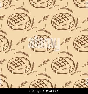 Seamless pattern of bread loaves with spikes of wheat or rye. Background with silhouette of bakery products. Hand drawn print for farmhouse baking Stock Vector