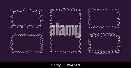 Crayon doodle scalloped frames. Chalk wavy hand drawn borders. White cute rectangle photo frames with crayon texture. Wavy sketch line mirror borders Stock Vector