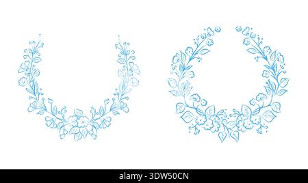 Floral frames with flowers, twigs, and leaves. Vector illustration. Hand-drawn botanical round wreaths in line art, isolated on a white background.set Stock Vector