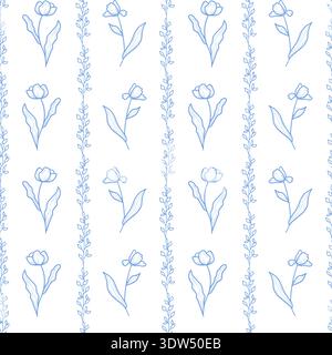 Spring twigs and flowers, with petals and leaves. Vector illustration. Chamomiles and tulips on a seamless pattern, isolated on a green background. Su Stock Vector
