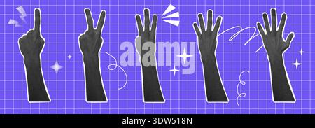 Hand set halftone collage with gesture calculation, different finger numbers, interactive communication signs. Hands show one, two, three, four and five. Vector illustration Stock Vector