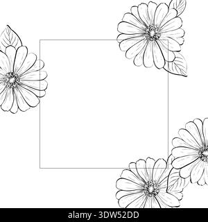 Vector delicate Gerbera frame with leaves. Hand painted linear template, contour chrysanthemum, osteospermum, chamomile flower. Graphic clipart Stock Vector