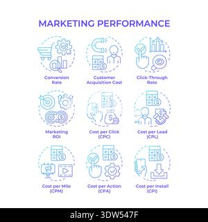 Marketing performance blue gradient concept icons Stock Vector