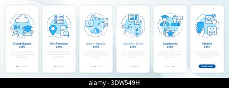 Learning management systems main types blue onboarding mobile app screen Stock Vector