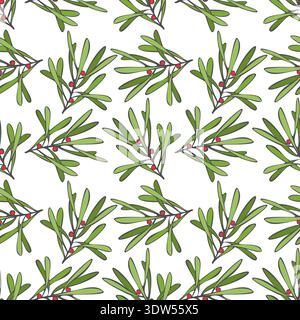 Mistletoe pattern, an evergreen plant with green leaves and red berries, for textiles, clothing, and home decor, associated with winter holidays, espe Stock Vector