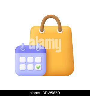 Yellow shopping bag and purple calendar with green check mark. Shopping schedule, planned purchase, retail event, sale dates, e-commerce concept. 3d v Stock Vector