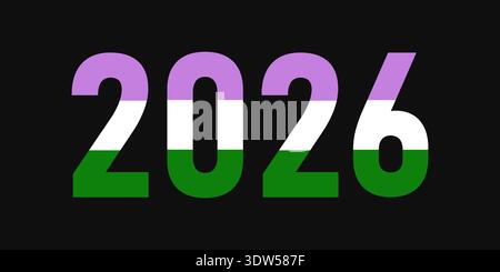 2026 year typography painted with the genderqueer pride flag colors on black background Stock Vector