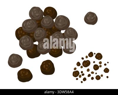 Black peppercorn set vector food illustration for kitchen design. Spice ingredient in cartoon style for vegetable menu. Grain and powder plant for cooking template or organic farm graphic element. Stock Vector