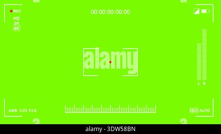 Professional digital camera interface with rec icon, focus frame and audio levels on chroma key green screen Stock Vector