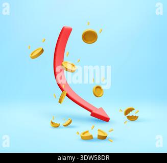 3d arrow down with falling and broken coins Stock Vector