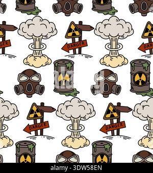 Vector Post-apocalyptic seamless pattern. Nuclear war texture. Background with protective mask, sign, chemical tank, nuclear explosion in cartoon styl Stock Vector