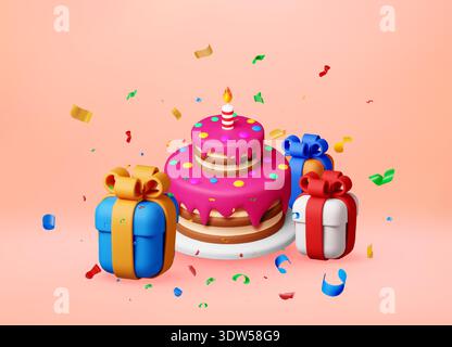 3d cake with candle and gift boxes with confetti Stock Vector