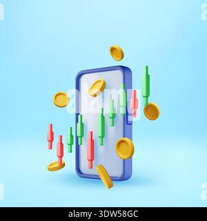 3d phone and financial candlestick chart and coins Stock Vector