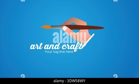 Art And Craft Logo With Hand Holding Paintbrush On Blue Background For Creative Projects Stock Vector